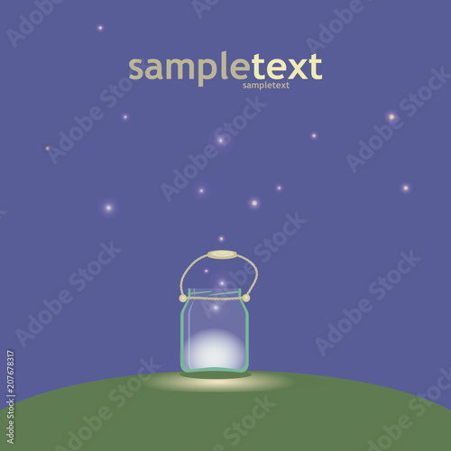 glass jar with a rope handle with light and fireflies on a glade glade at night in the dark illustration postcard picture vector
