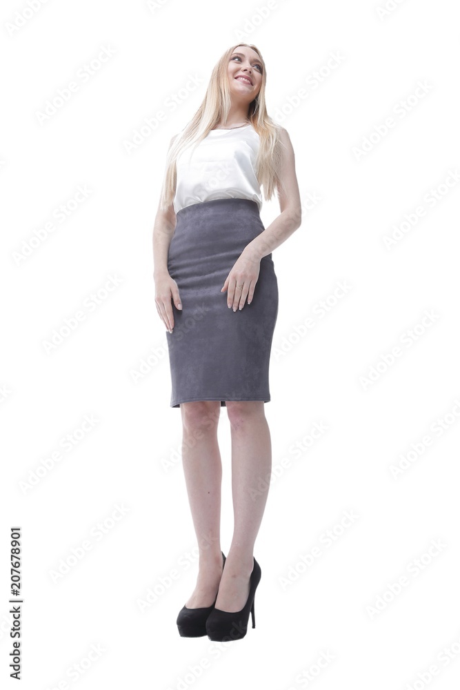 modern successful young business woman. full-length. view from below. modern successful young business woman. full-length. view from below.