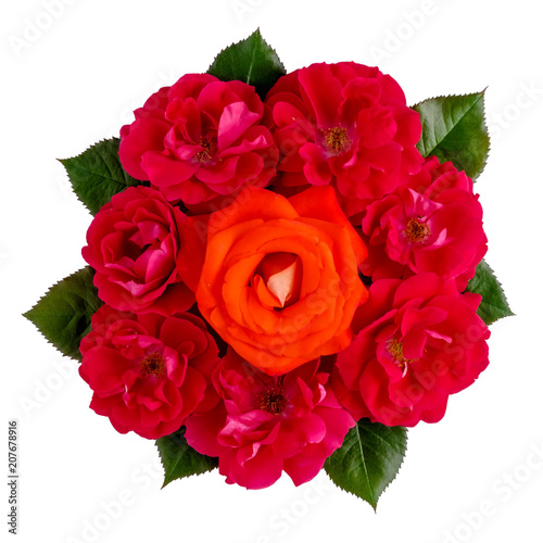 Bouquet of one orange rose and many red roses isolated on white. Top view.