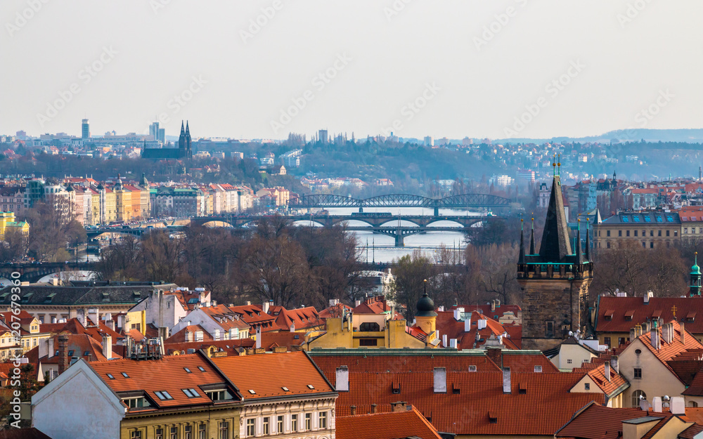 Cityscape with bridges on Vltava river in Prague, Czech Republic