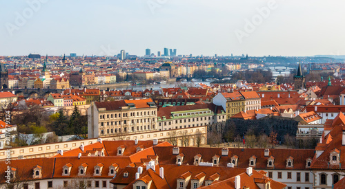 Wallpaper Mural Sunset in Prague, Czech Republic. Aerial view at the scenic cityscape with red roofs of old town and bridges on Vltava river Torontodigital.ca