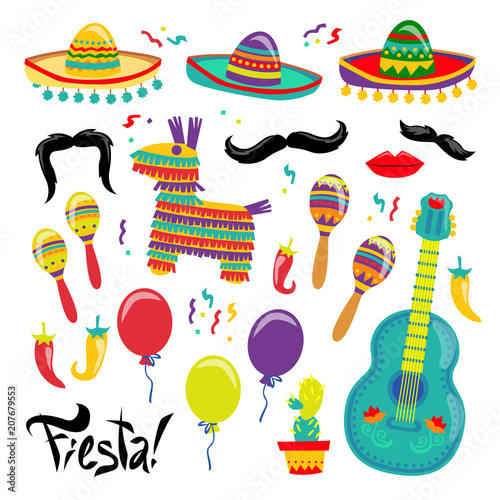 Cinco de Mayo Vector Set Of Fiesta Elements. Mexican Attributes Sombreros, a Guitar, Cactus and decoration. Vector illustration. For sticker or your poster design