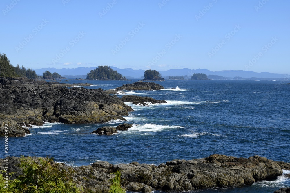view from Amphitrite Point towards the Barkley Sound and the archipelago of the Broken Group Islands, Ucluelet Vancouver Island British Columbia Canada 