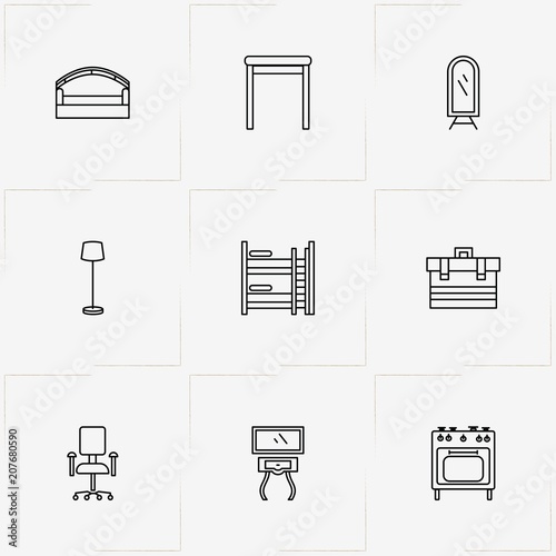 Furniture line icon set with office chair , decker bed  and floor lamp