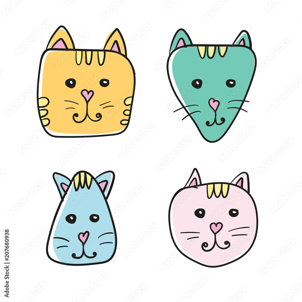 Simple, hand drawn cartoon cat face icon. Four color variations. Isolated on white