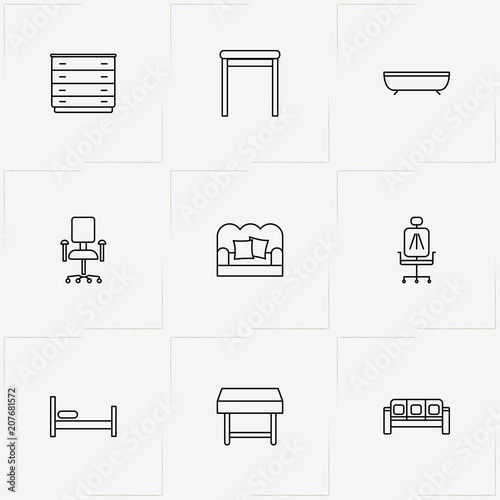 Furniture line icon set with stool , chest of drawers and bed