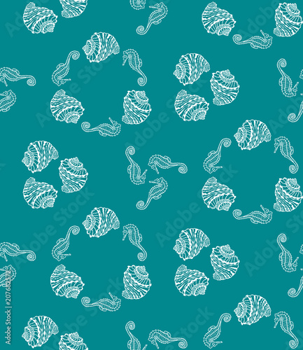 Vector seamless pattern from white seashell and seahorse on aquamarine background. Sketch sea shell and seahorse background