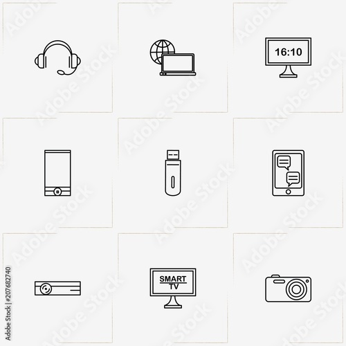 Gadgets line icon set with photo camera, headphone and television