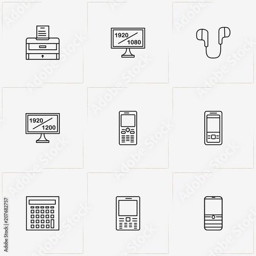Gadgets line icon set with mobile phone, earphones and television