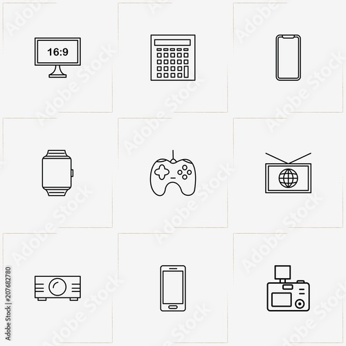 Gadgets line icon set with television, photo camera and game joystick