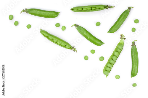 Fresh green pea pod isolated on white background. Top view. Flat lay pattern