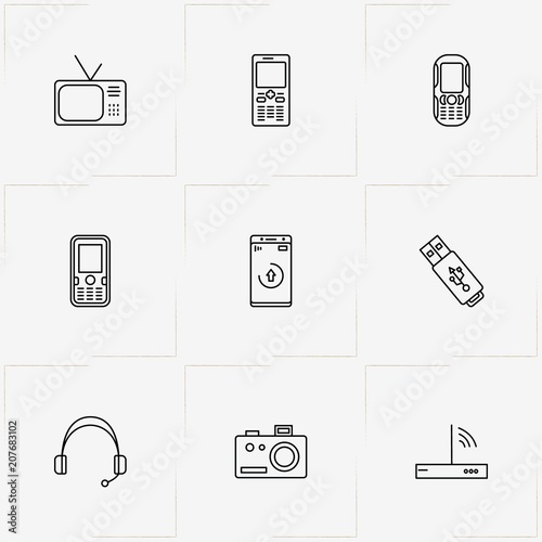 Gadgets line icon set with television, wireless router and flash card