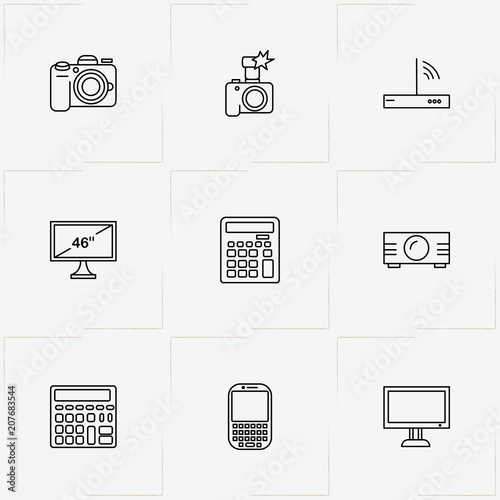 Gadgets line icon set with computer monitor , calculator and photo camera