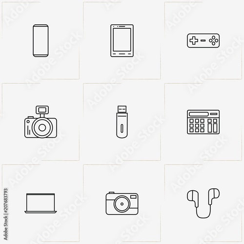 Gadgets line icon set with smart phone, photo camera and calculator