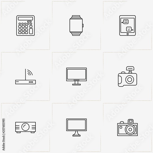 Gadgets line icon set with photo camera, computer monitor  and smart watch