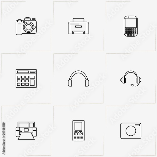Gadgets line icon set with headphone, photo camera and printer
