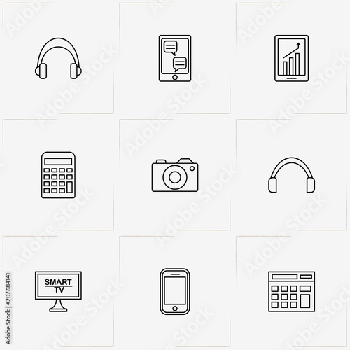 Gadgets line icon set with photo camera, headphone and smart phone