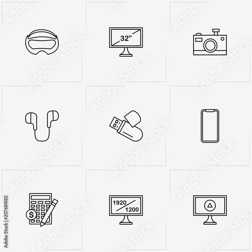Gadgets line icon set with photo camera, flash card  and smart phone