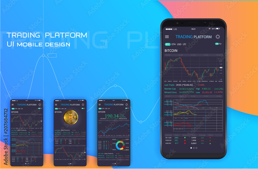 Trade exchange app on phone screen. Mobile banking cryptocurrency ui