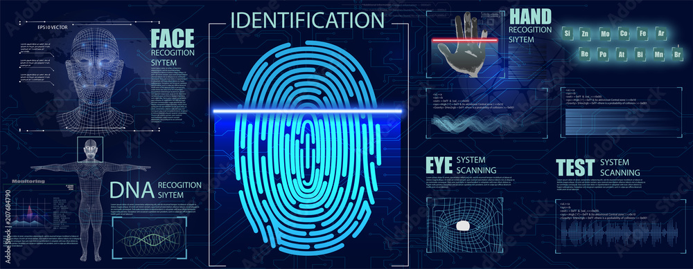 Biometrics Set HUD Elements. Authorization verification biometric scanners set of editable text and neon colored electronic interface elements for identification vector illustration