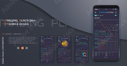 Trade exchange app on phone screen. Mobile banking cryptocurrency ui. Online stock trading interface vector eps 10. Illustration of mobile banking crypto currency, bitcoin and dollar .Vector crypto wa
