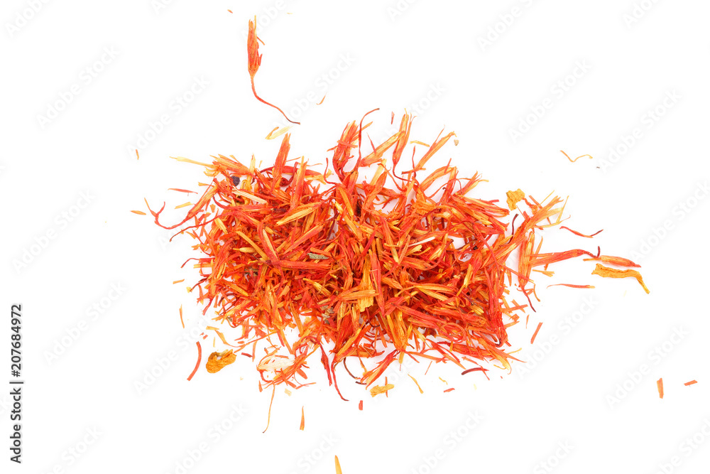 Fototapeta premium Heap of saffron isolated on white background. Top view. Flat lay