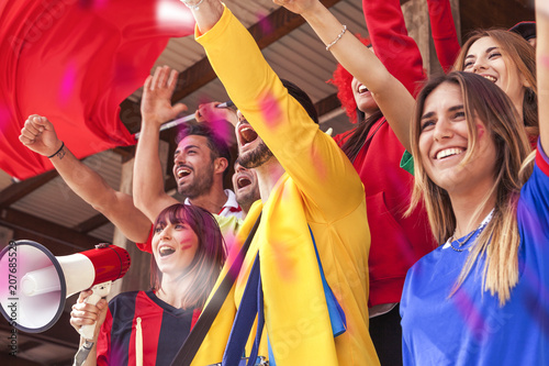 group of fans dressed in various colors watching a sports event
