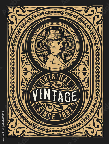 Retro label design with gentleman and  floral details. Organized by layers.