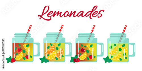 Set of lemonades in jars. Flat design