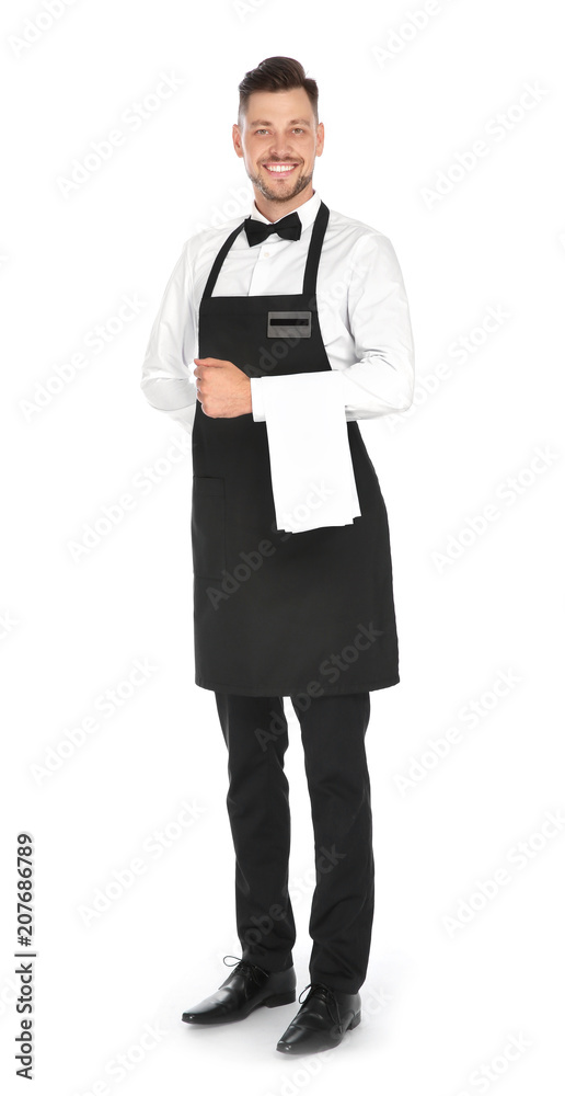 Full length portrait of handsome waiter in elegant uniform on white background Full length portrait of handsome waiter in elegant uniform on white background