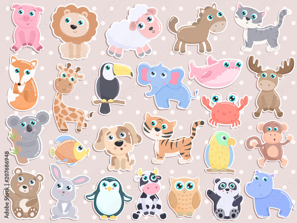 Cute animal sticker set. Flat design