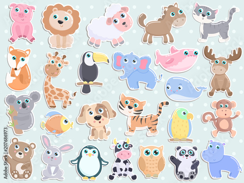 Fototapeta Naklejka Na Ścianę i Meble -  Cute animal sticker set. Flat design