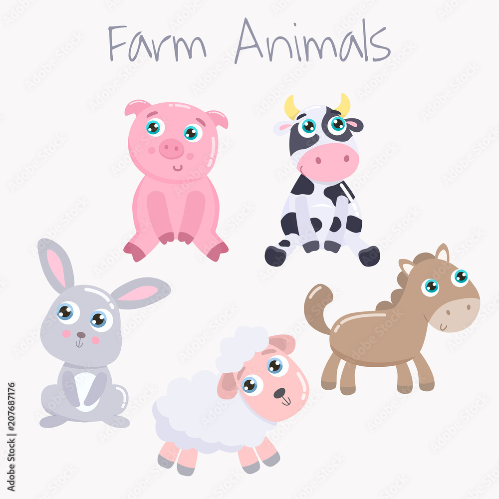 Cute farm animals. Flat design.