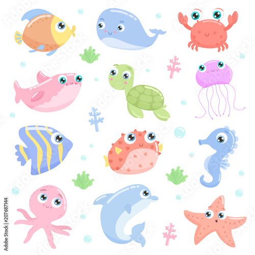 Cute sea animals set