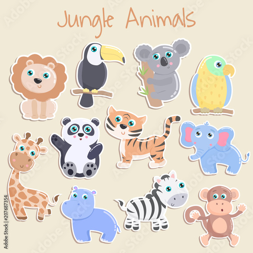 Photography Cute jungle animals sticker. Flat design.