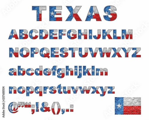 Texas flag font on a brick wall - Illustration,
Stylized alphabet with flag of Texas, 
Flag Of English Alphabet,
Font with the Texas flag, 
Stylized alphabet, 
Vector Texas alphabet letters set