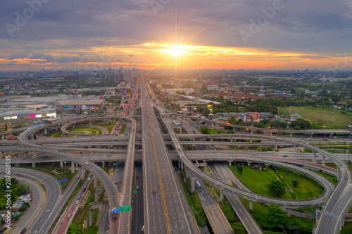 Bangkok Expressway top view, Top view over the highway,expressway and motorway at night, Aerial view interchange of a city, Shot from drone, Expressway is an important infrastructure in Thailand © Getty Gallery