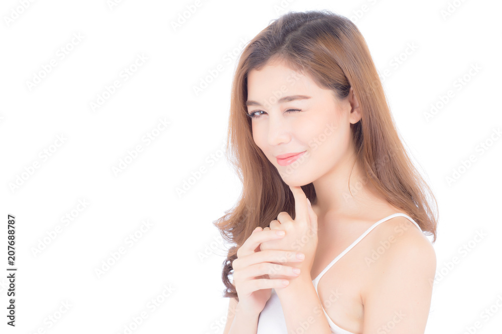 Portrait of beautiful asian woman makeup of cosmetic, girl hand touch chin and smile attractive, lips beauty perfect with wellness isolated on white background with healthcare concept. Portrait of beautiful asian woman makeup of cosmetic, girl hand touch chin and smile attractive, lips beauty perfect with wellness isolated on white background with healthcare concept.