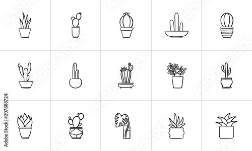 Decorative potted house plants and flowers sketch icon set for web, mobile and infographics. Hand drawn plants and flowers vector icon set isolated on white background.