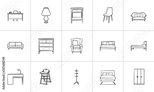 Furniture outline doodle icon set for print, web, mobile and infographics. Hand drawn furniture vector sketch illustration set isolated on white background.