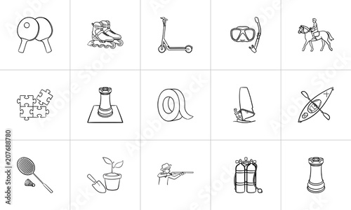 Hobby outline doodle icon set for print, web, mobile and infographics. Hand drawn hobby vector sketch illustration set isolated on white background.