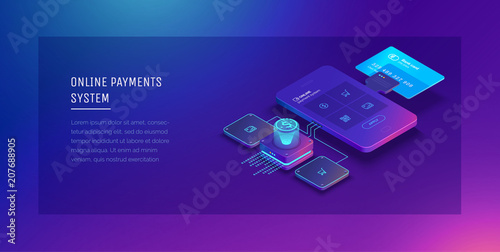 Financial analytics, digital financial services. Phone with a mobile interface of the payment system, money transfers and financial transactions. Vector illustration isometric style.