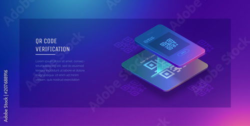 Qr verification. A mobile phone with a scanner reads the qr code.  Vector hi tech illustration isometric style.