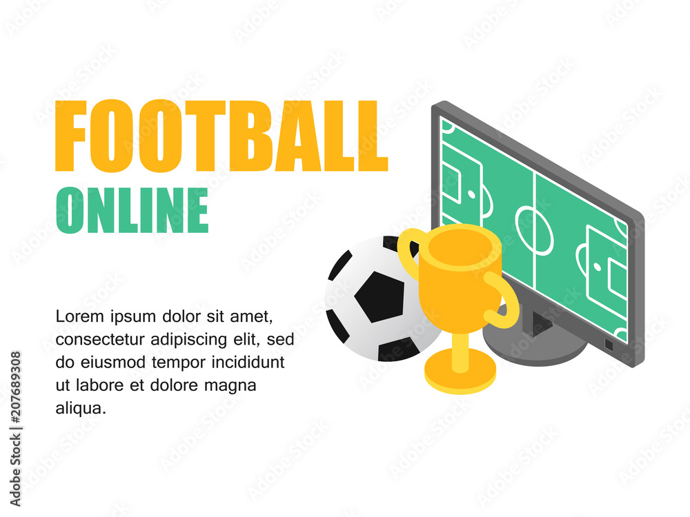 Vector illustration isometric football field on monitor computer with soocer cup. Concept football cup. Vector illustration isometric football field on monitor computer with soocer cup. Concept football cup.