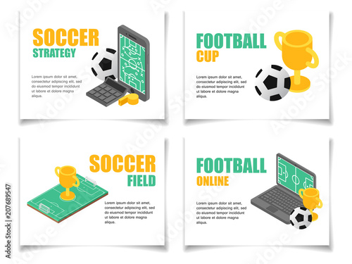 Set vector illustration isometric football field with strategy on screen smartphone. Bundle concept soccer cup online