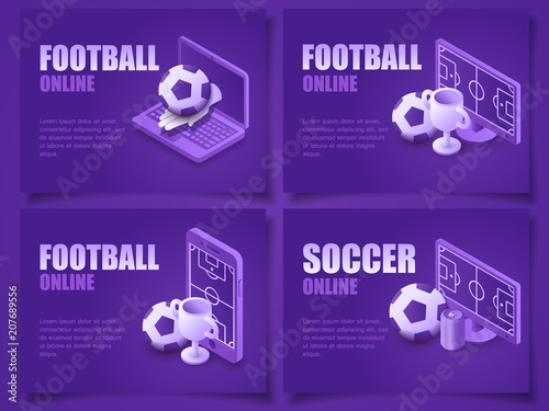 Bundle vector illustration isometric football online live on modern device gadgets. Pack concept soccer online
