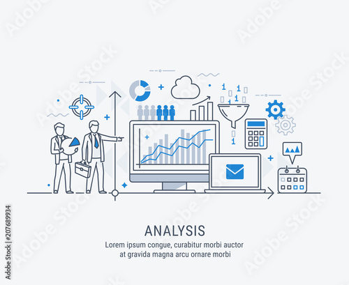 Modern thin line design for analysis website banner. Vector illustration concept for business analysis, market research, product testing, data analysis.