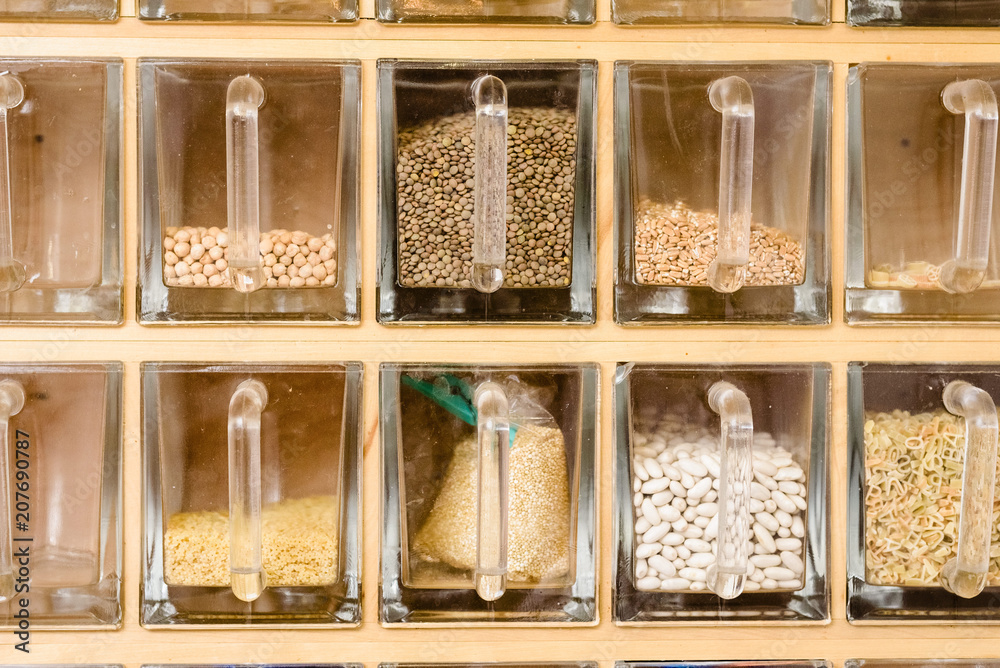 Jars with legumes in a kitchen ready to use Jars with legumes in a kitchen ready to use