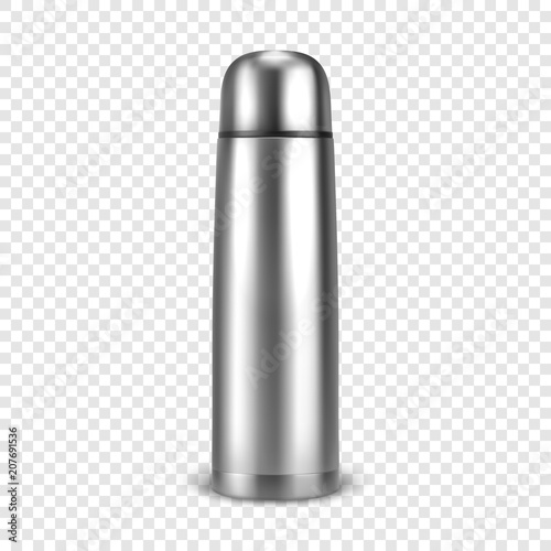 Vector realistic 3d empty glossy metal vacuum thermo tumbler flask closeup isolated on transparency grid background. Design template of packaging mockup for graphics. Front view