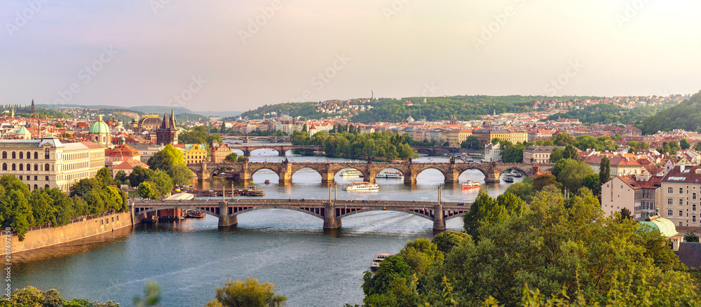 Most Beautiful Bridges in Prague, Panoramic View at Sunset - obrazy, fototapety, plakaty 